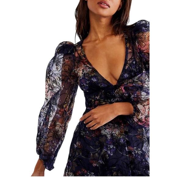 For Love & Lemons Sophia Sheer Puff Sleeve Midi Dress Black Navy Floral XS - Picture 2 of 14